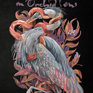 Cover of Lynn Hutchinson Lee's ORIGIN OF DESIRE IN ORCHID FENS featuring a blue heron entwined with a snake. Art by Jay Rasgorshek.